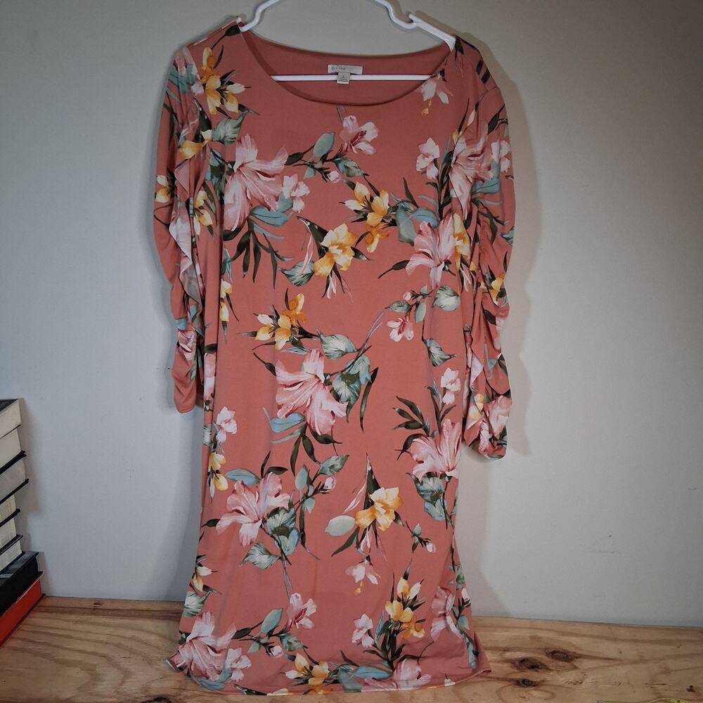 Est 1946 Womens Dress Sz L Pink Floral Ruffle Sleeve Midi Straight Dress Shift